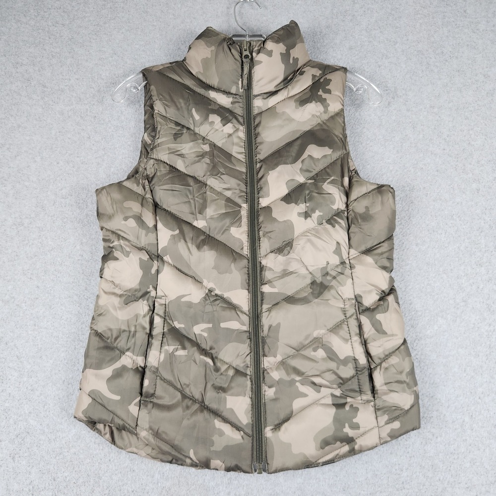 SO Puffer Vest Womens Small Green Camouflage Quilted Winter Sleeveless Full Zip